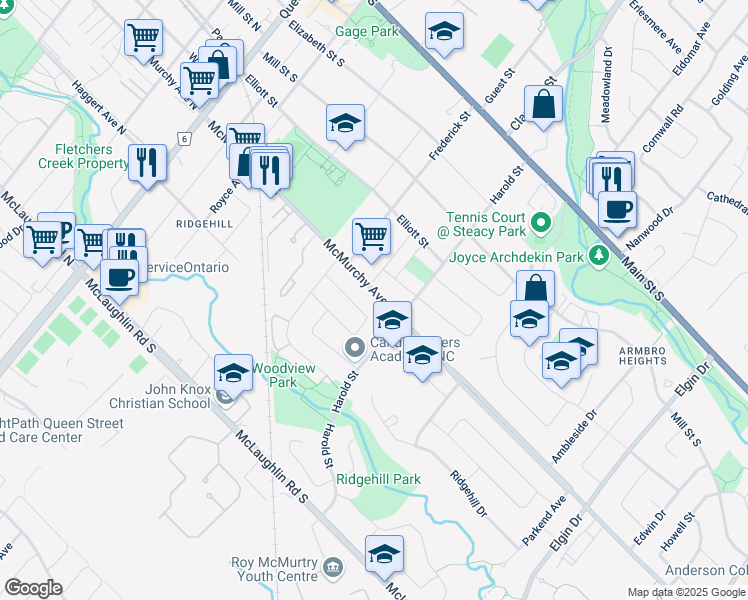map of restaurants, bars, coffee shops, grocery stores, and more near 89 McMurchy Avenue South in Brampton