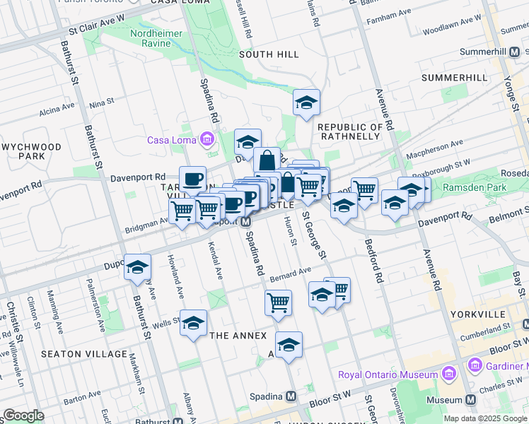 map of restaurants, bars, coffee shops, grocery stores, and more near 240 Dupont Street in Toronto