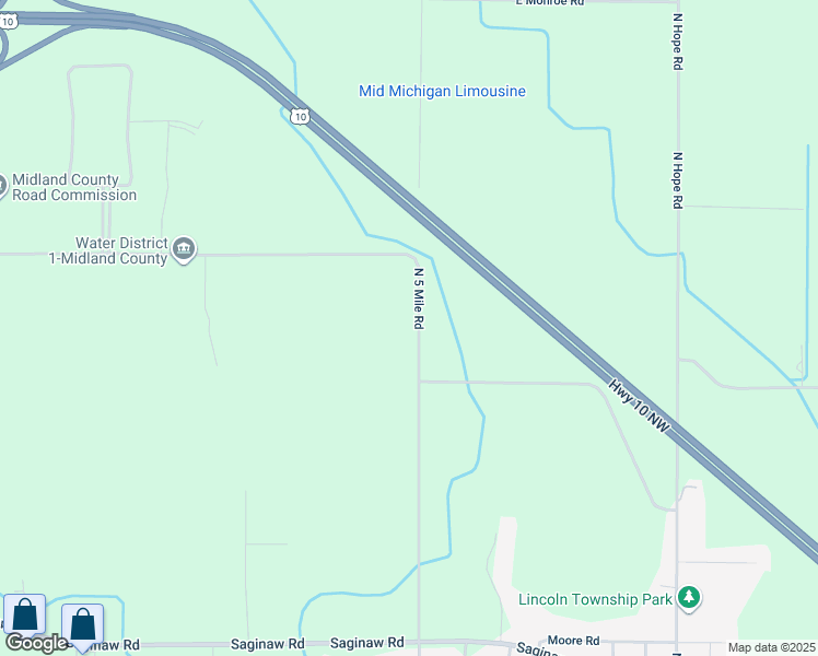 map of restaurants, bars, coffee shops, grocery stores, and more near 2099 North 5 Mile Road in Midland