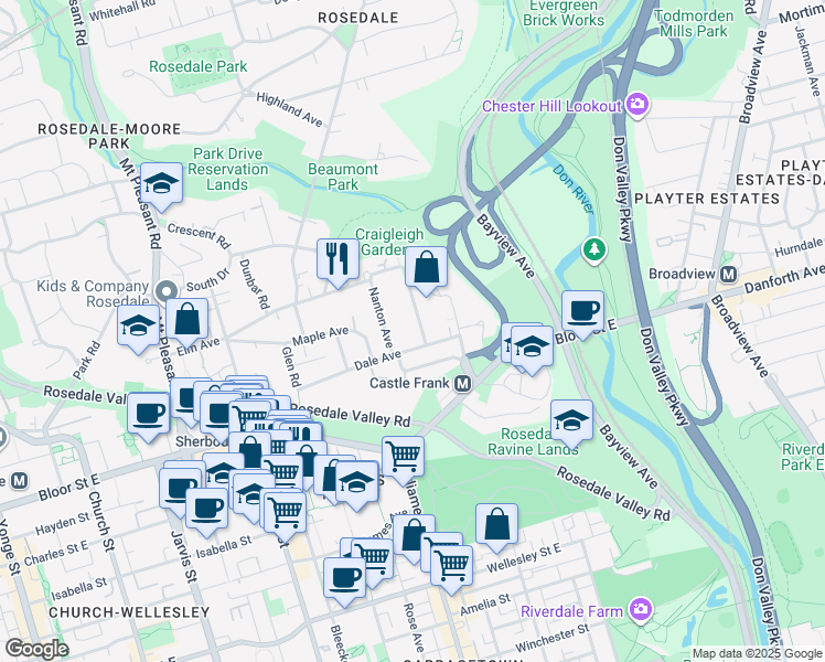 map of restaurants, bars, coffee shops, grocery stores, and more near 8 Hawthorn Avenue in Toronto