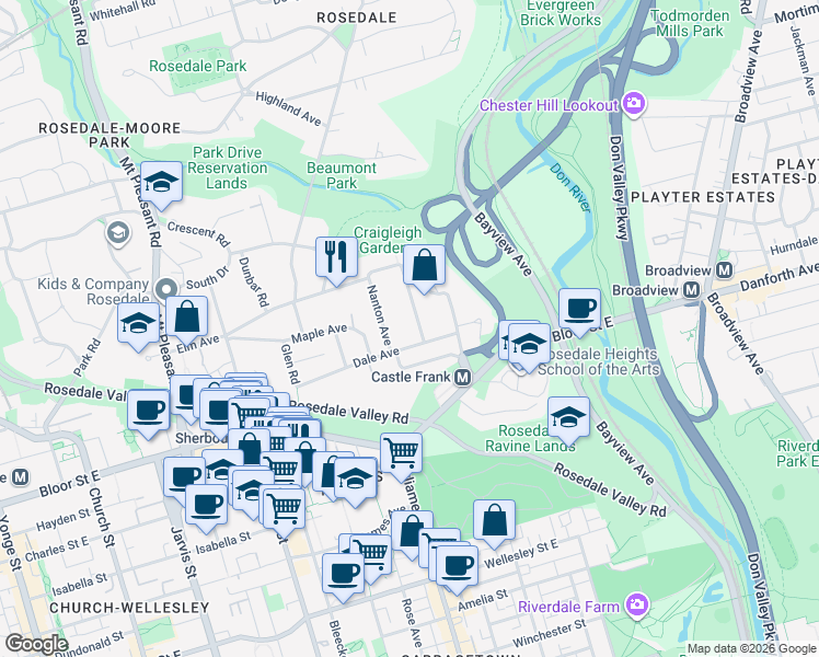 map of restaurants, bars, coffee shops, grocery stores, and more near 8 Hawthorn Avenue in Toronto