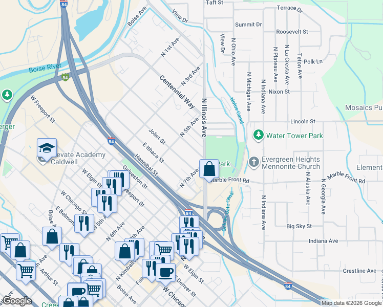 map of restaurants, bars, coffee shops, grocery stores, and more near 606 East Kearney Street in Caldwell