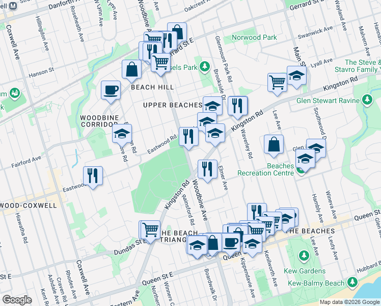 map of restaurants, bars, coffee shops, grocery stores, and more near in Toronto