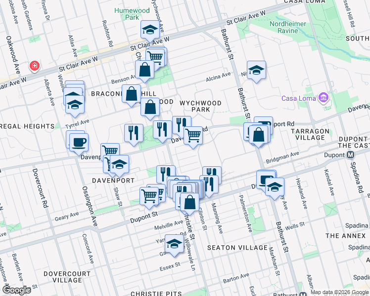 map of restaurants, bars, coffee shops, grocery stores, and more near 218 Ashworth Avenue in Toronto