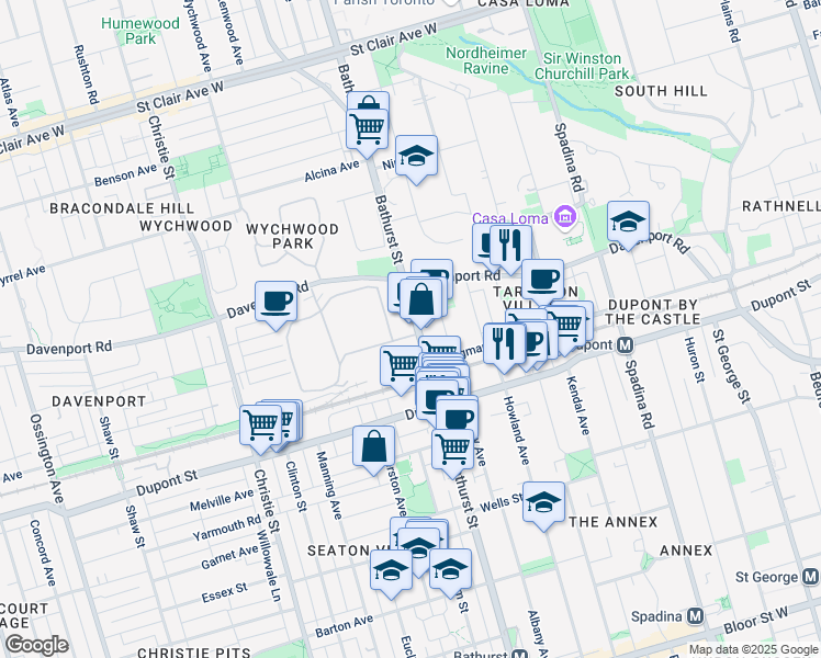 map of restaurants, bars, coffee shops, grocery stores, and more near 1138 Bathurst Street in Toronto
