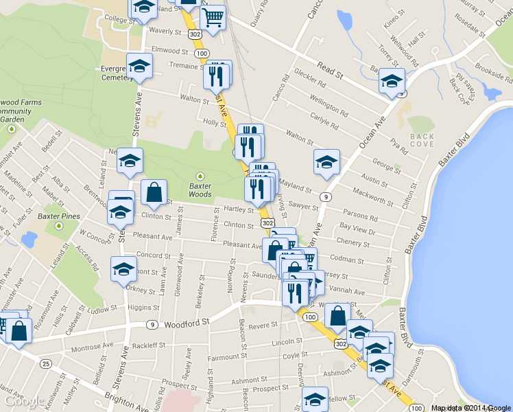 map of restaurants, bars, coffee shops, grocery stores, and more near 798 Forest Avenue in Portland