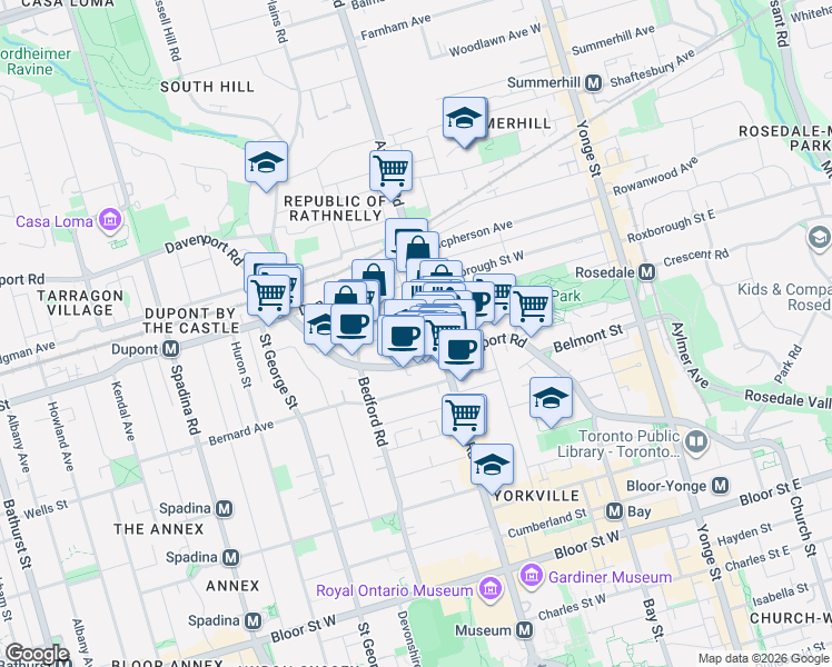 map of restaurants, bars, coffee shops, grocery stores, and more near 133 Pears Avenue in Toronto