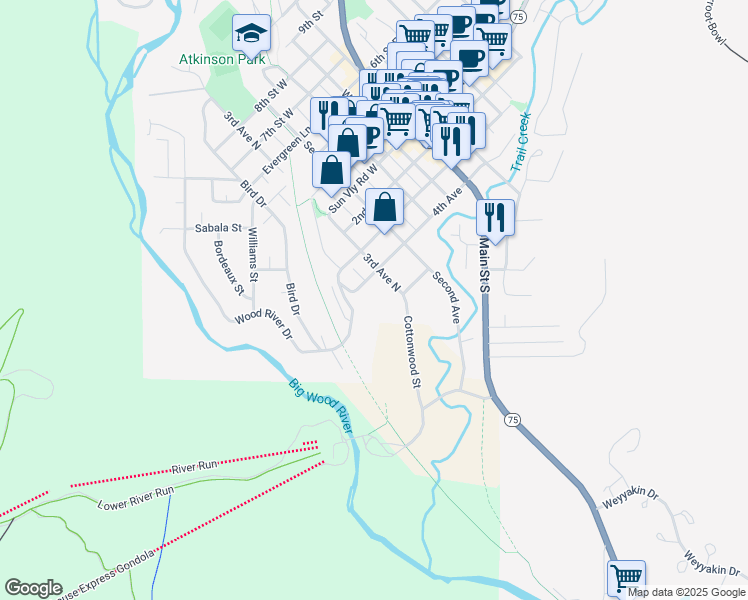 map of restaurants, bars, coffee shops, grocery stores, and more near 340 River Street West in Ketchum