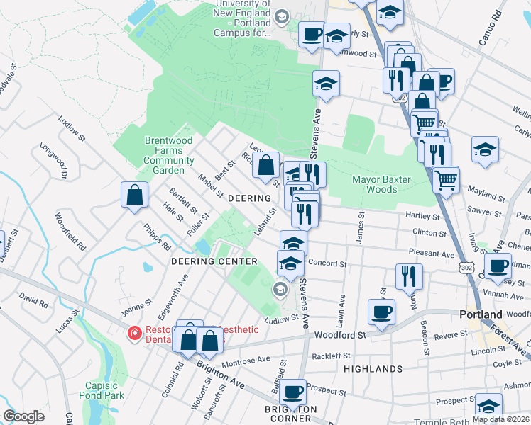 map of restaurants, bars, coffee shops, grocery stores, and more near 11 Alba Street in Portland