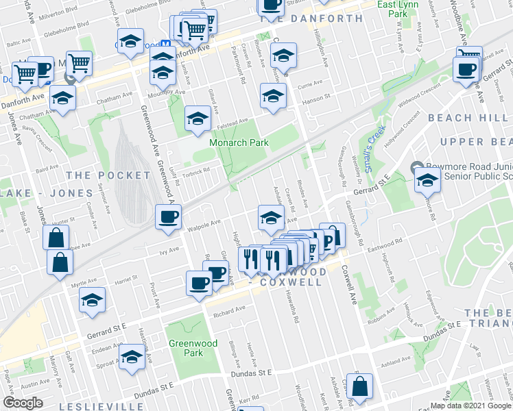 map of restaurants, bars, coffee shops, grocery stores, and more near in Toronto