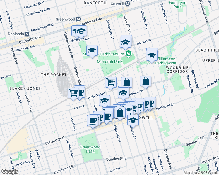 map of restaurants, bars, coffee shops, grocery stores, and more near in Toronto