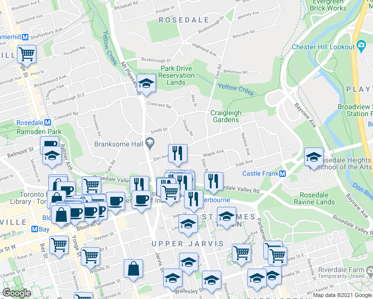 map of restaurants, bars, coffee shops, grocery stores, and more near 44 Elm Avenue in Toronto