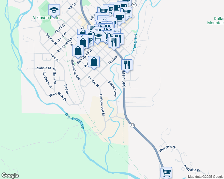 map of restaurants, bars, coffee shops, grocery stores, and more near 351 2nd Avenue South in Ketchum