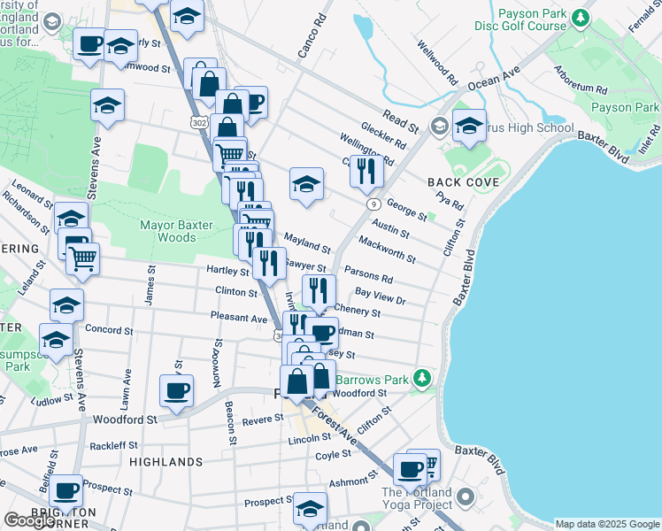 map of restaurants, bars, coffee shops, grocery stores, and more near 106 Ocean Avenue in Portland