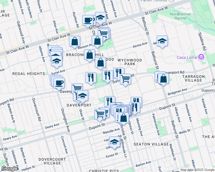 map of restaurants, bars, coffee shops, grocery stores, and more near in Toronto