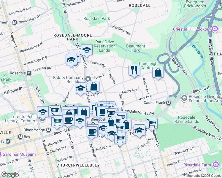 map of restaurants, bars, coffee shops, grocery stores, and more near 43 Elm Avenue in Toronto