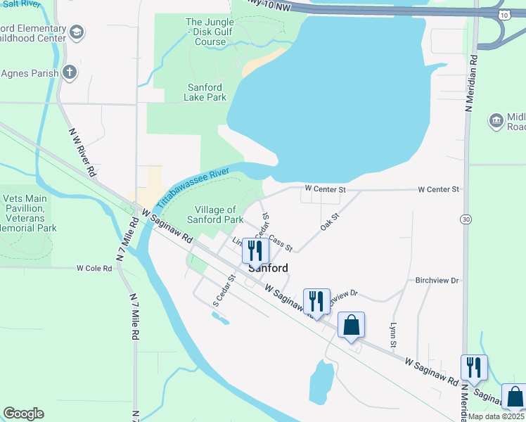 map of restaurants, bars, coffee shops, grocery stores, and more near 385 North Cedar Street in Sanford