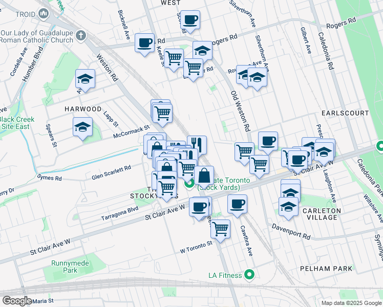 map of restaurants, bars, coffee shops, grocery stores, and more near in Toronto