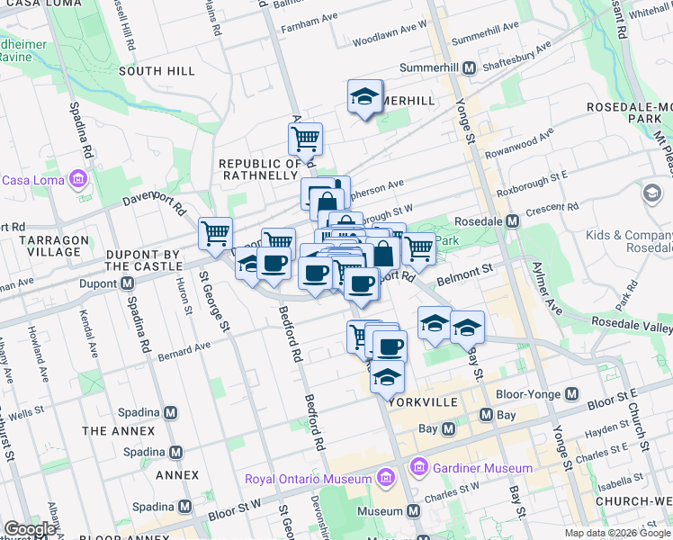 map of restaurants, bars, coffee shops, grocery stores, and more near 109 Pears Avenue in Toronto