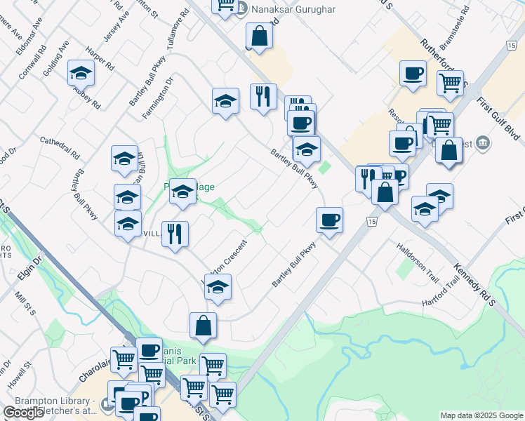 map of restaurants, bars, coffee shops, grocery stores, and more near 60 Terra Cotta Crescent in Brampton