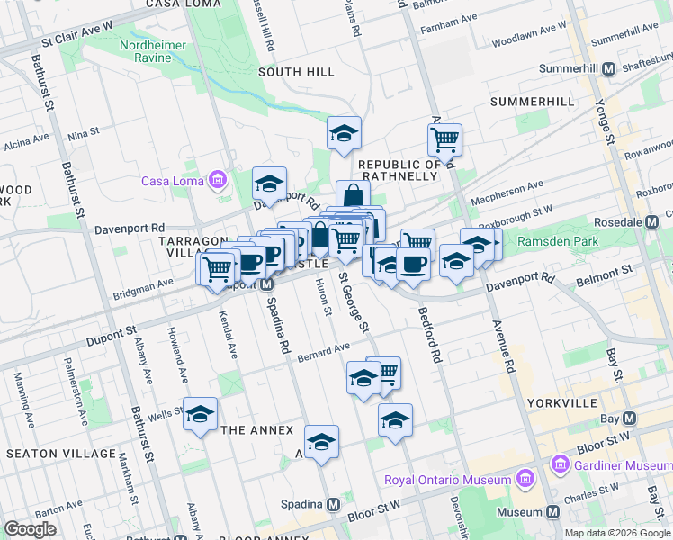 map of restaurants, bars, coffee shops, grocery stores, and more near 326 Saint George Street in Toronto