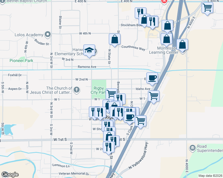 map of restaurants, bars, coffee shops, grocery stores, and more near 82 Idaho Avenue in Rigby