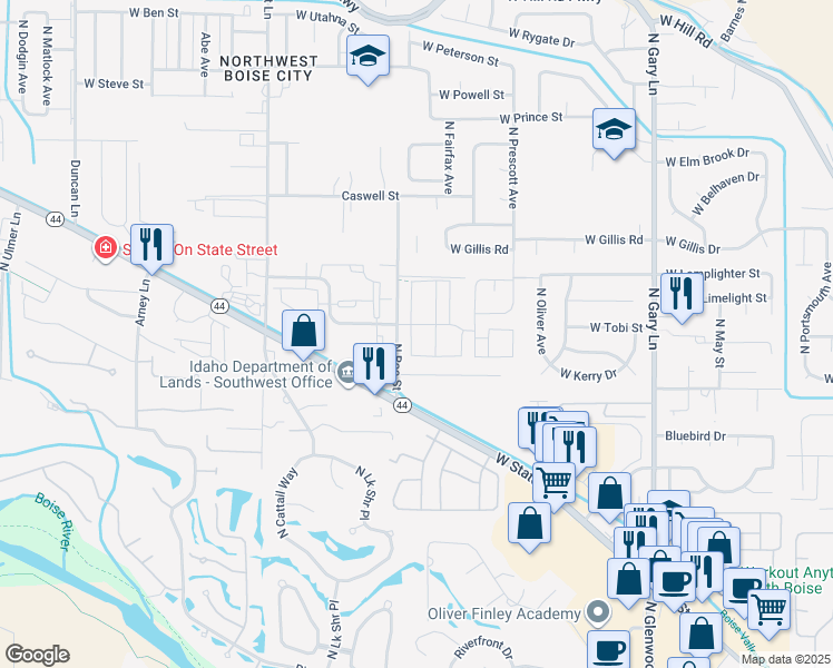 map of restaurants, bars, coffee shops, grocery stores, and more near 6064 North Tarako Avenue in Boise