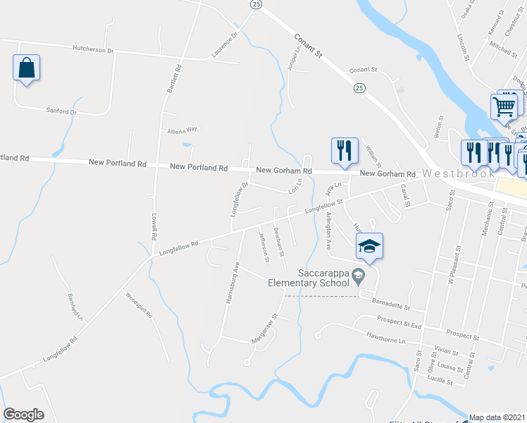 map of restaurants, bars, coffee shops, grocery stores, and more near 25 Anne Terrace in Westbrook