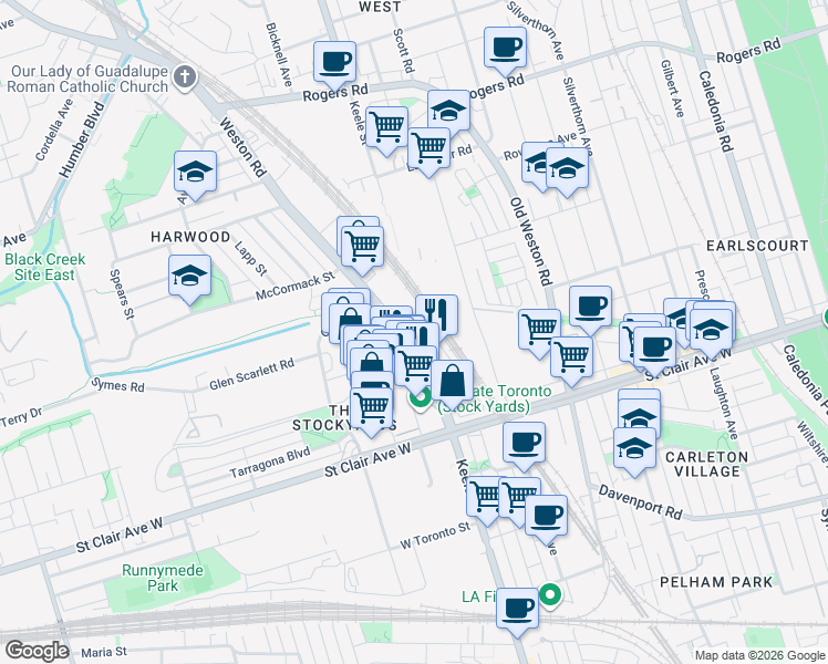 map of restaurants, bars, coffee shops, grocery stores, and more near 170 Brickworks Lane in Toronto