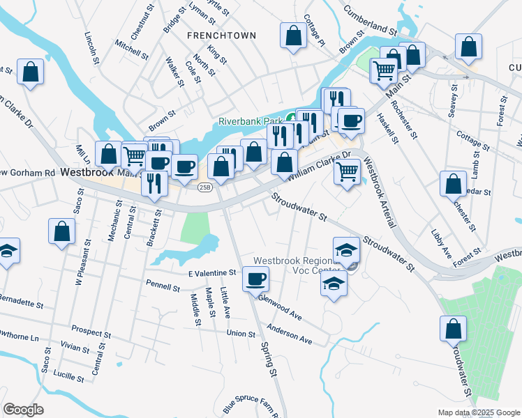 map of restaurants, bars, coffee shops, grocery stores, and more near 57 Pleasant Street in Westbrook