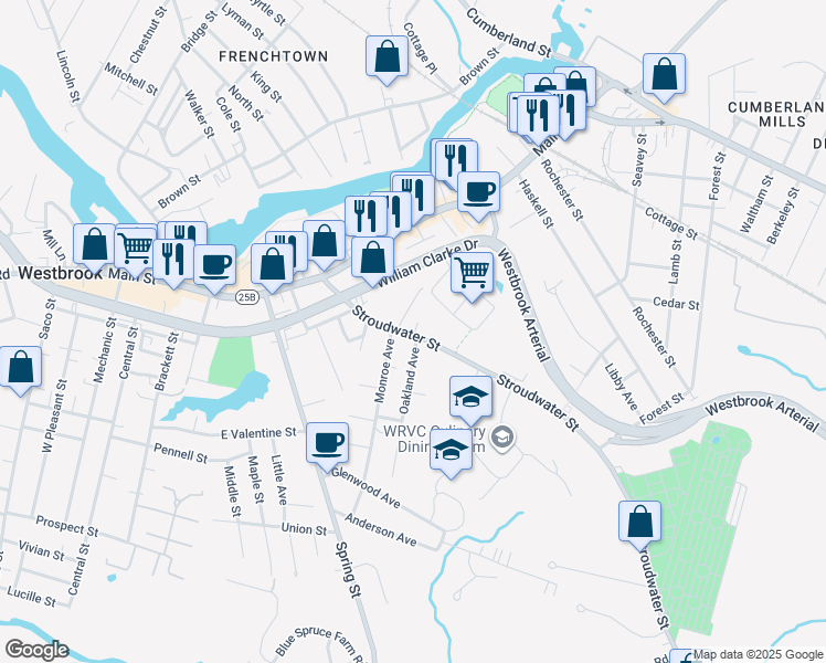 map of restaurants, bars, coffee shops, grocery stores, and more near 90 Stroudwater Street in Westbrook