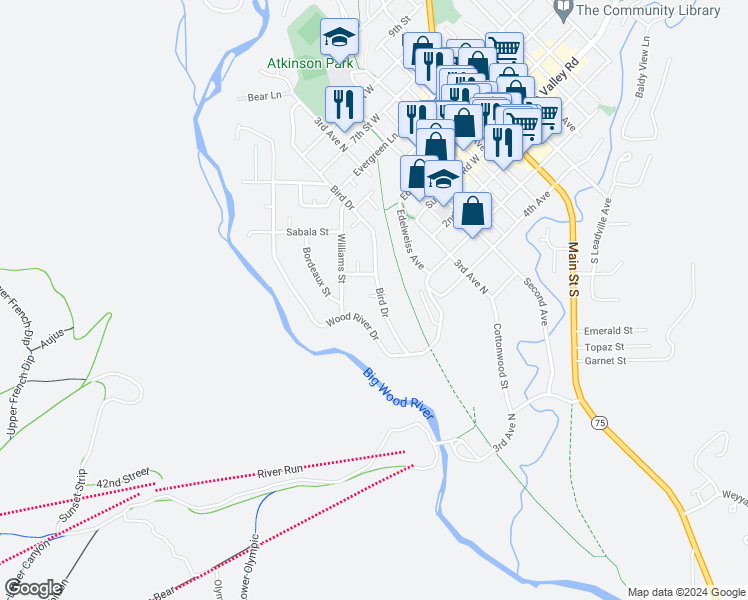 map of restaurants, bars, coffee shops, grocery stores, and more near 156 Bird Drive in Ketchum