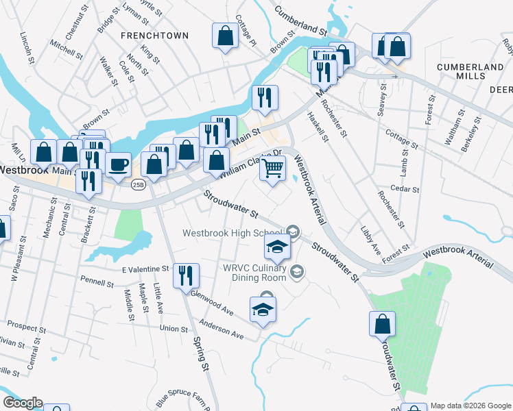 map of restaurants, bars, coffee shops, grocery stores, and more near 114 Stroudwater Street in Westbrook