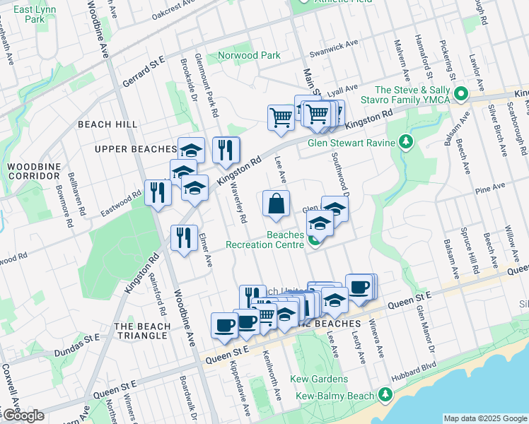 map of restaurants, bars, coffee shops, grocery stores, and more near in Toronto