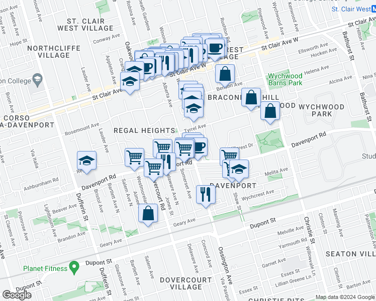 map of restaurants, bars, coffee shops, grocery stores, and more near in Toronto