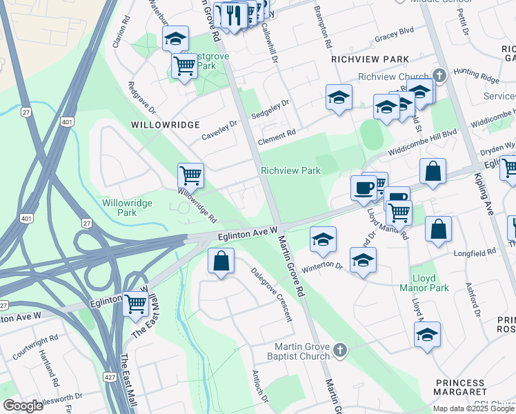 map of restaurants, bars, coffee shops, grocery stores, and more near in Toronto