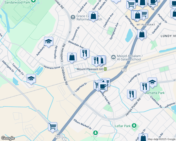 map of restaurants, bars, coffee shops, grocery stores, and more near 100 Commuter Drive in Brampton
