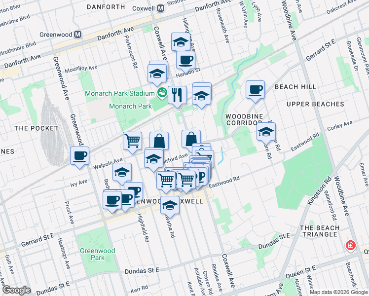 map of restaurants, bars, coffee shops, grocery stores, and more near 366 Coxwell Avenue in Toronto