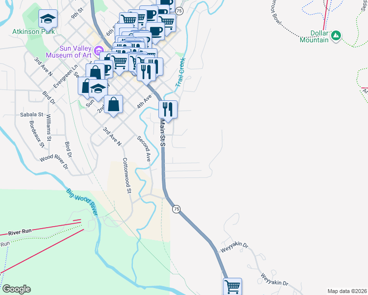 map of restaurants, bars, coffee shops, grocery stores, and more near 206 Jade Street in Sun Valley