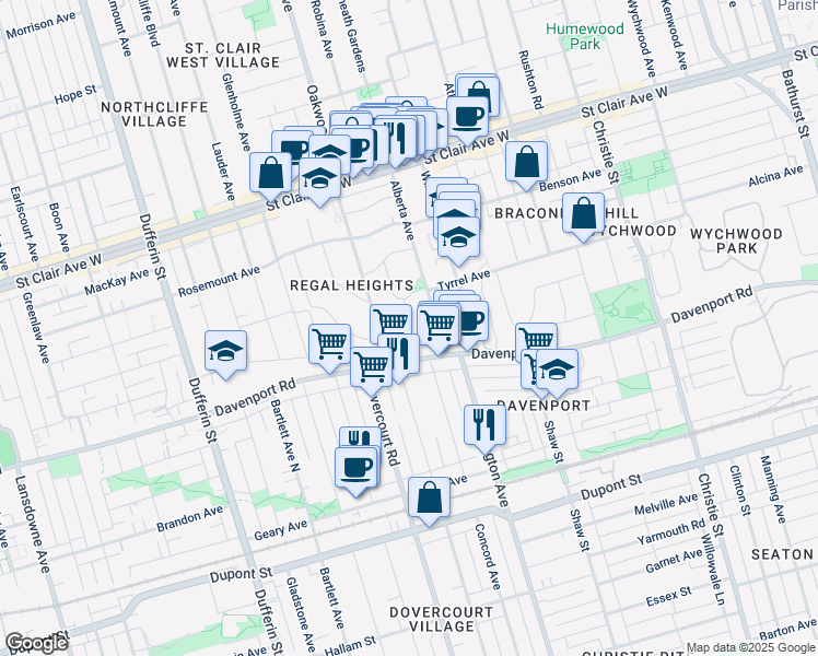 map of restaurants, bars, coffee shops, grocery stores, and more near 21 Mount Royal Avenue in Toronto