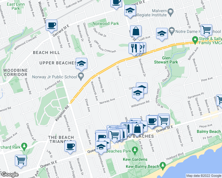 map of restaurants, bars, coffee shops, grocery stores, and more near 161 Bellefair Avenue in Toronto