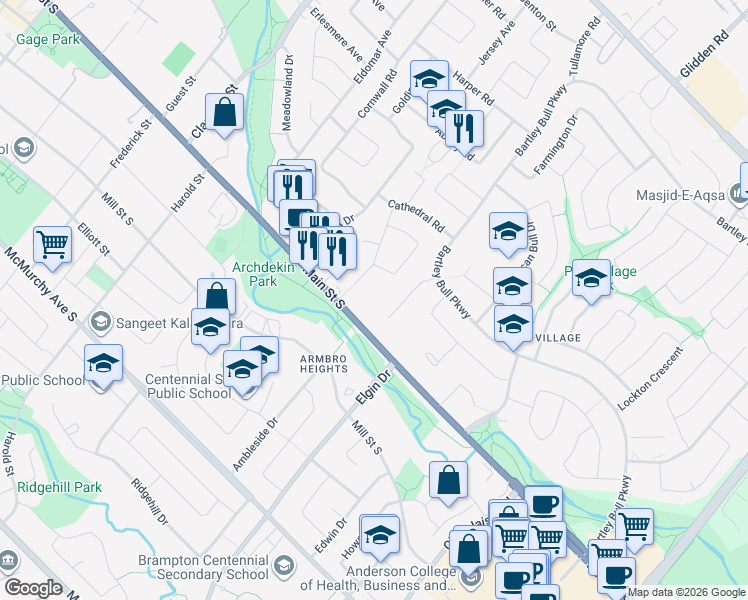 map of restaurants, bars, coffee shops, grocery stores, and more near 30 Derwent Avenue in Brampton
