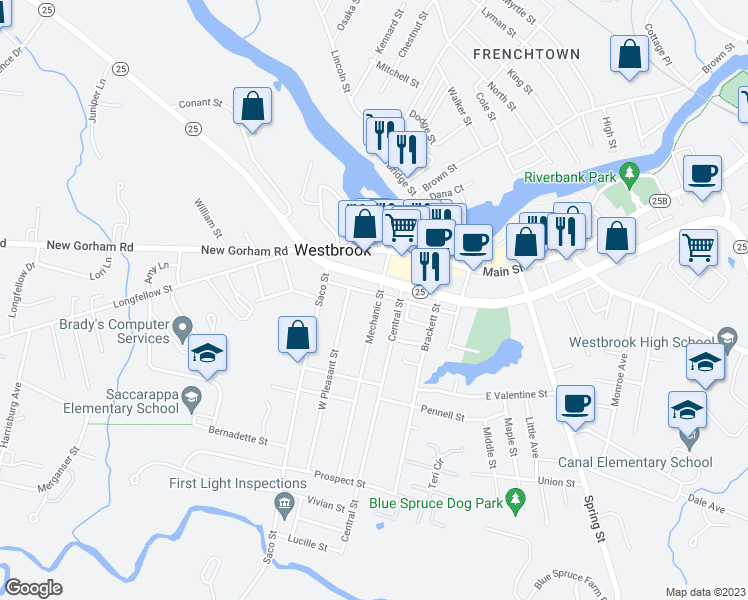 map of restaurants, bars, coffee shops, grocery stores, and more near 25 Quimby Avenue in Westbrook