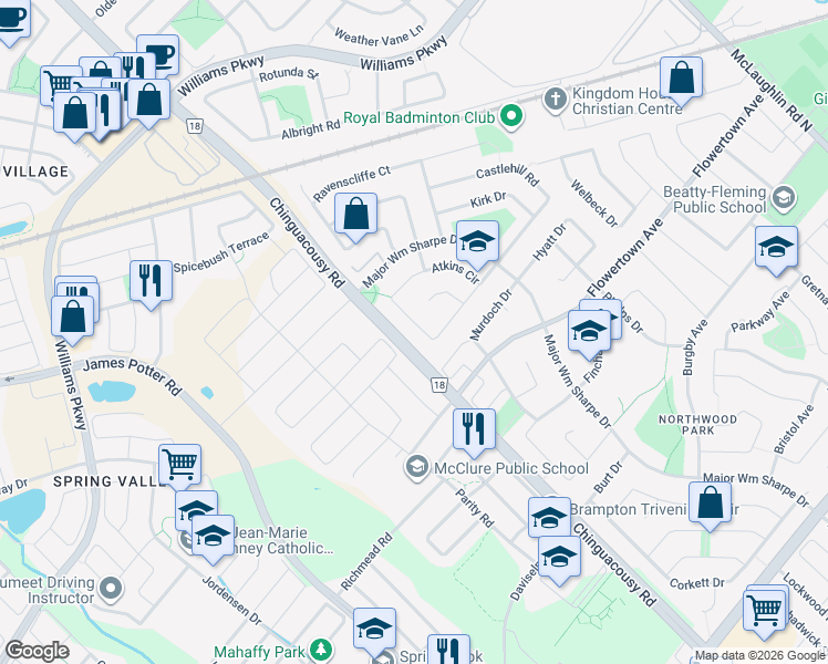 map of restaurants, bars, coffee shops, grocery stores, and more near 78 Atkins Circle in Brampton