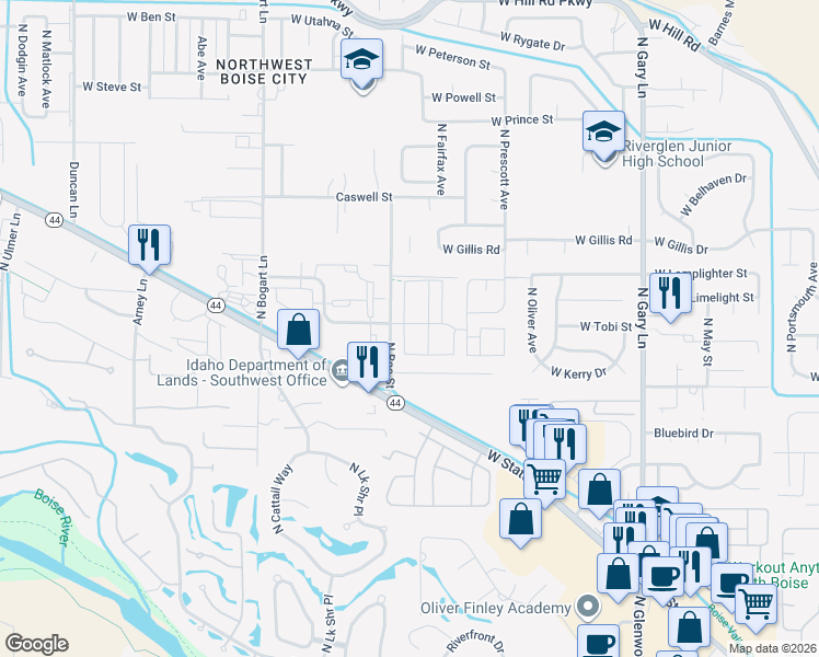map of restaurants, bars, coffee shops, grocery stores, and more near 6076 North Tarako Avenue in Boise