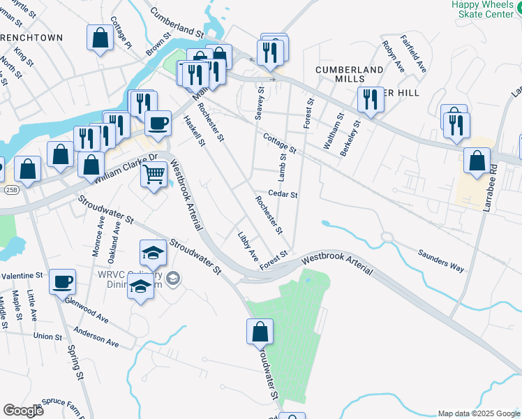 map of restaurants, bars, coffee shops, grocery stores, and more near 165 Rochester Street in Westbrook