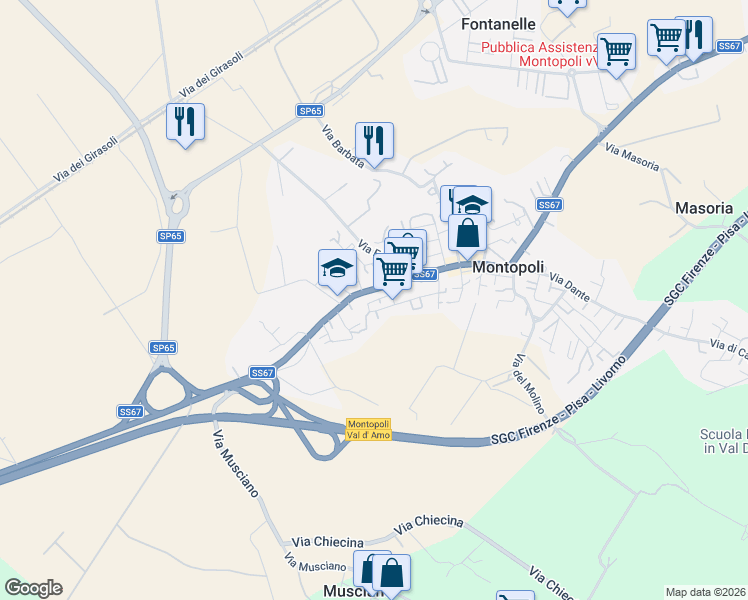 map of restaurants, bars, coffee shops, grocery stores, and more near 146 Via Falcone e Borsellino in Montopoli