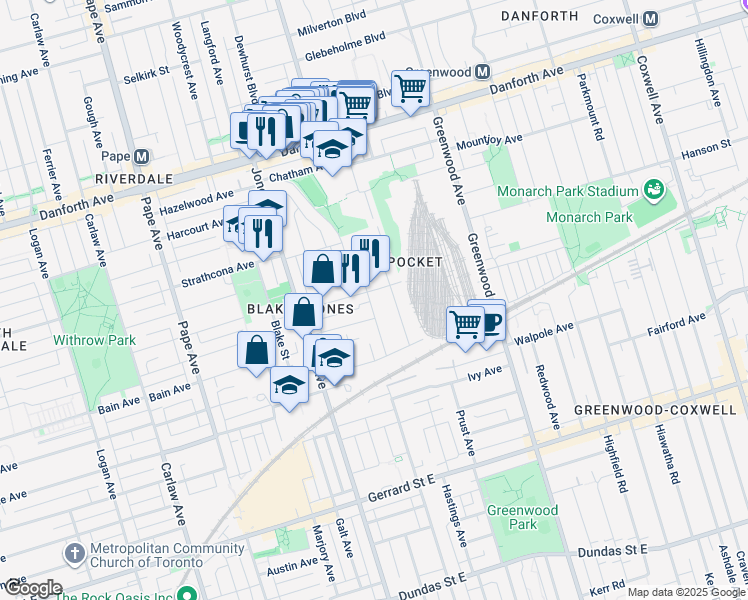 map of restaurants, bars, coffee shops, grocery stores, and more near 49 Condor Avenue in Toronto