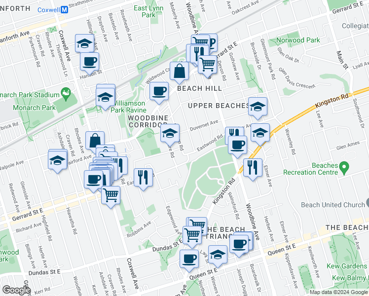 map of restaurants, bars, coffee shops, grocery stores, and more near 15 Bellhaven Road in Toronto