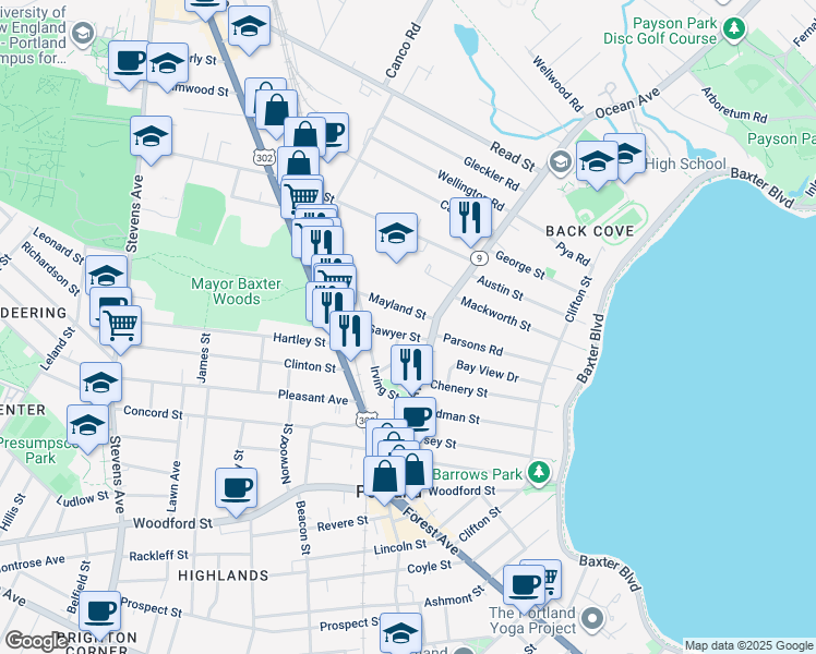 map of restaurants, bars, coffee shops, grocery stores, and more near 25 Sawyer Street in Portland